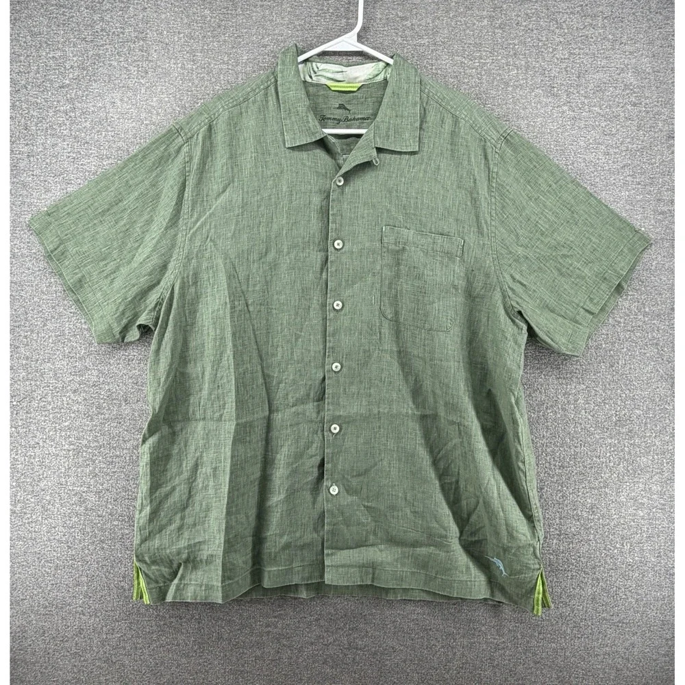 Tommy Bahama Short Sleeve Shirt Men Size XL Green 100% Linen Button Up Casual